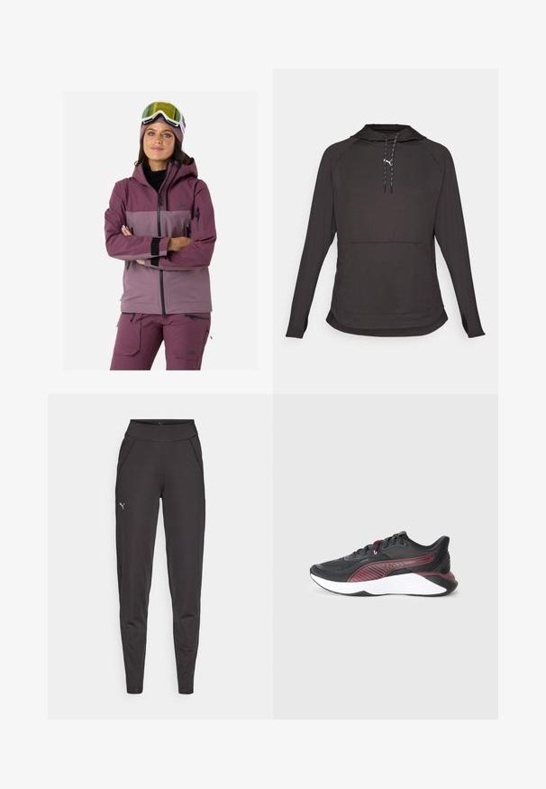 Ski jacket in shades of mauve and purple, featuring a hood, zippered pockets, elastic cuffs, and breathable fabric for outdoor activity.; Black long-sleeve hooded sweatshirt made of lightweight material, featuring a front pouch pocket and drawstring hood with contrasting accents.; Black athletic leggings made of stretchy fabric, featuring a high waistband, side pockets, and a small reflective logo on the left thigh.; Black athletic shoe with a textured mesh upper, maroon accents, a cushioned white midsole, and a patterned side design.
