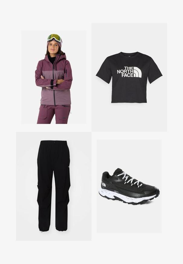 Veste de ski dans des tons de mauve et de violet, dotée d'une capuche, de poches zippées, de poignets élastiques et d'un tissu respirant pour les activités de plein air.; T-shirt noir court en coton, avec un logo blanc avec des accents courbés et le texte "THE NORTH FACE" sur le devant. Manches courtes, col rond.; Pantalons d'extérieur noirs en matériau durable, avec une coupe décontractée, une taille élastique et des poignets resserrés pour une longueur ajustable.; Baskets de sport noires avec tige en mesh et design texturé. Présentent une semelle intermédiaire avec des éclats blancs, une semelle extérieure épaisse noire et des lacets réflechissants.