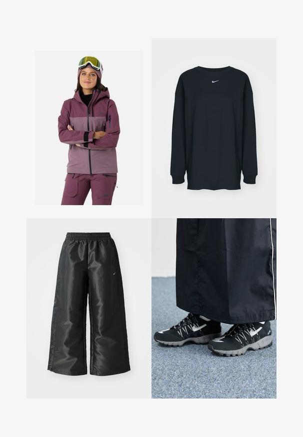 Giacca da sci in tonalità di malva e viola, con cappuccio, tasche con zip, polsini elastici e tessuto traspirante per attività all'aperto.; T-shirt nero a maniche lunghe in cotone con colletto rotondo. Presenta un logo Nike bianco sul petto. Texture morbida, design semplice.; Pantaloni sportivi neri con un tessuto lucido e morbido, dotati di una vita elasticizzata, gambe larghe e un piccolo logo sul lato sinistro.; Scarpe sportive nere con tomaia testurizzata, dettagli argentati e suola con motivo, abbinate a un lungo indumento nero. Ambientate su un tappeto blu.