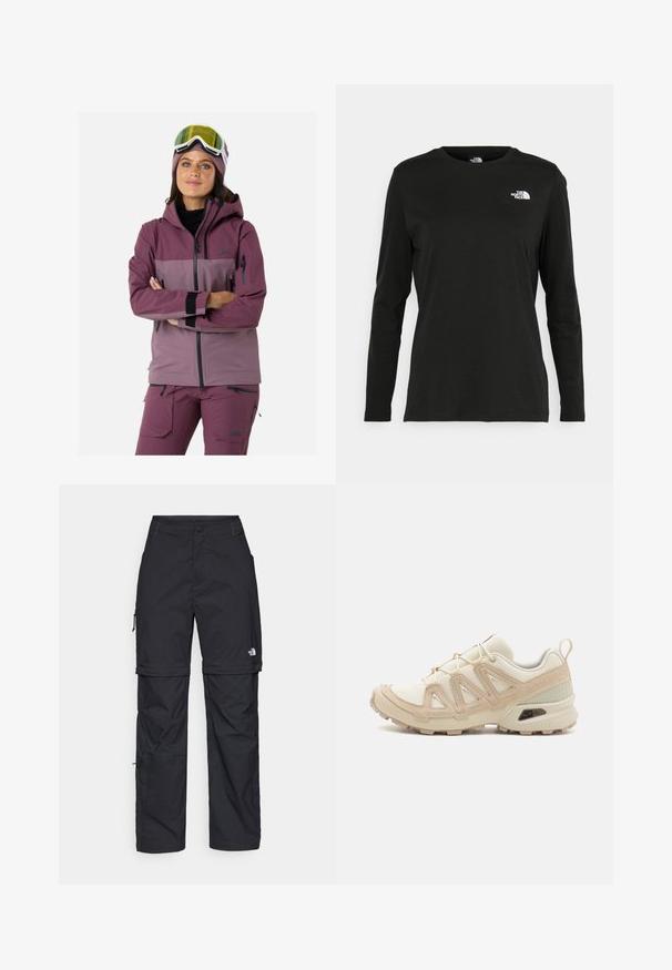 Skijacke in verschiedenen Lila- und Violetttönen, mit Kapuze, Reißverschlusstaschen, elastischen Bündchen und atmungsaktivem Material für Outdoor-Aktivitäten.; Schwarzes Langarm-T-Shirt aus Baumwolle mit Rundhalsausschnitt. Verfügt über ein kleines weißes Logo auf der linken Brustseite. Einfaches Design und Passform.; Schwarze Nylon-Zip-Off-Cargohosen mit verstellbaren Bündchen, mehreren Taschen und einem Logo am rechten Bein. Glatte, leichte Textur.; Beige und cremefarbenen Sportschuh mit strukturiertem Mesh-Obermaterial, unterstützenden Überzügen und Gummisohle mit einem Profilmuster für Bodenhaftung.