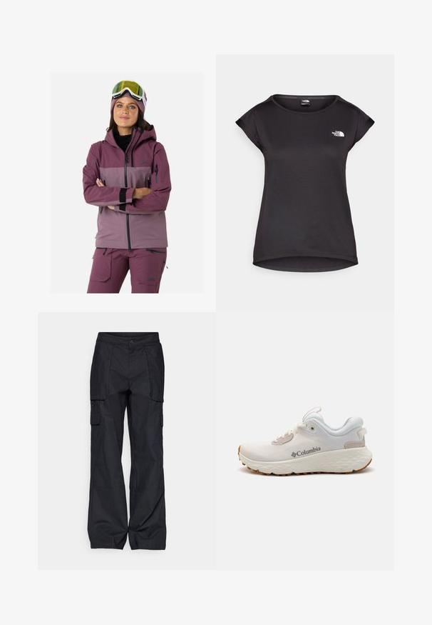 Skijacke in verschiedenen Lila- und Violetttönen, mit Kapuze, Reißverschlusstaschen, elastischen Bündchen und atmungsaktivem Material für Outdoor-Aktivitäten.; The North Face TANKEN TANK - Sport T-Shirt - black; Columbia BREA FALLS™ COTTON RIPSTOP PANT - Outdoor-Hose - black; Leichter Columbia Sportschuh aus weißem Mesh mit einer strukturierten grauen Sole und Gummitraktion. Verfügt über einen gepolsterten Kragen und ein Schnürdesign.