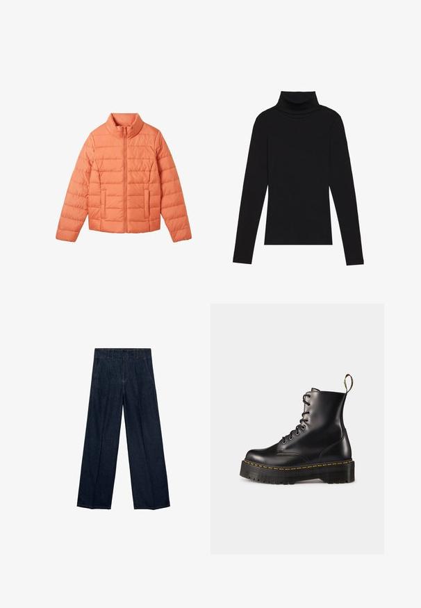 TOM TAILOR Winterjacke - dusty apricot; Schwarzes langärmeliges Turtleneck-Oberteil aus geripptem Stoff, mit einer taillierten Passform, hohem Kragen und ohne Muster oder Akzente.; Dunkelblaue weite Jeans mit hoher Taille, Falten und traditionellem Fünf-Taschen-Design, gefertigt aus Denim-Stoff mit dezenten Nähakzenten.; Schwarze Leder-Schnürstiefel mit knöchelhohem Schaft, einer robusten schwarzen Sohle und gelben Nähten. Verfügt über eine Lasche hinten und runde Metallösen.