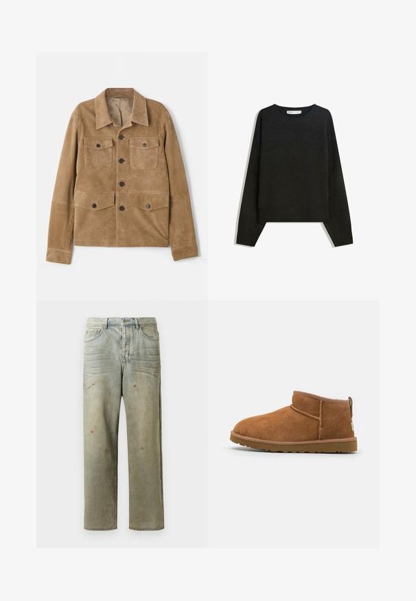 Barna velúr dzseki klasszikus gallérral, négy elülső zsebbel és gombos zárással. Simább textúrával és szabott fazonnal rendelkezik.; Fekete kötött pulóver, kerek nyakkivágással, bordás mandzsettával és szegéllyel. A dizájn doboz alakú, ejtett vállakkal a laza illeszkedés érdekében.; Fakó zöld, kopott farmerszadrág, egyenes lábbal, ötk zsebes kialakítással, egyenetlen kopással és festékcseppekkel.; Barna suéd bőrcipő, lekerekített orral, diszkrét varrásokkal és texturált gumitalppal. Rövid magasságú, fűző nélkül.