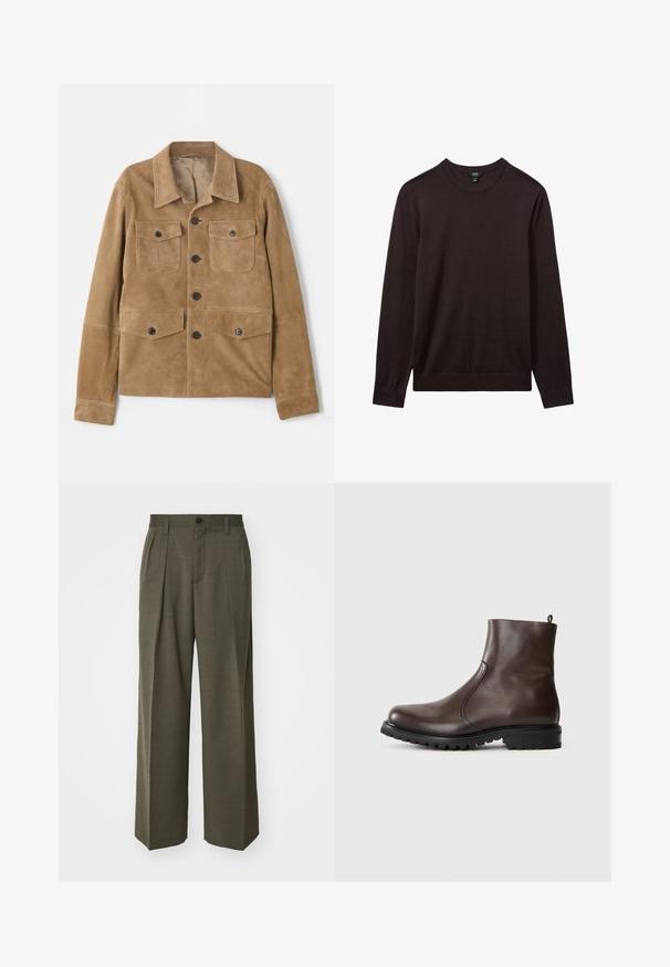 Kreemi nubukist jakk klassikalise kraega, nelja esikotiga ja nööbiga kinnitusega. Omab siledat tekstuuri ja kohandatud lõiget.; Reiss Džemper - dark bordeaux; Filippa K WIDE TROUSERS - Püksid - driftwood; Pruun nahkane sääreking, millel on sile tekstuur, elastsed külgpaneelid, tõmbetabin taga ja robustne kummitald.