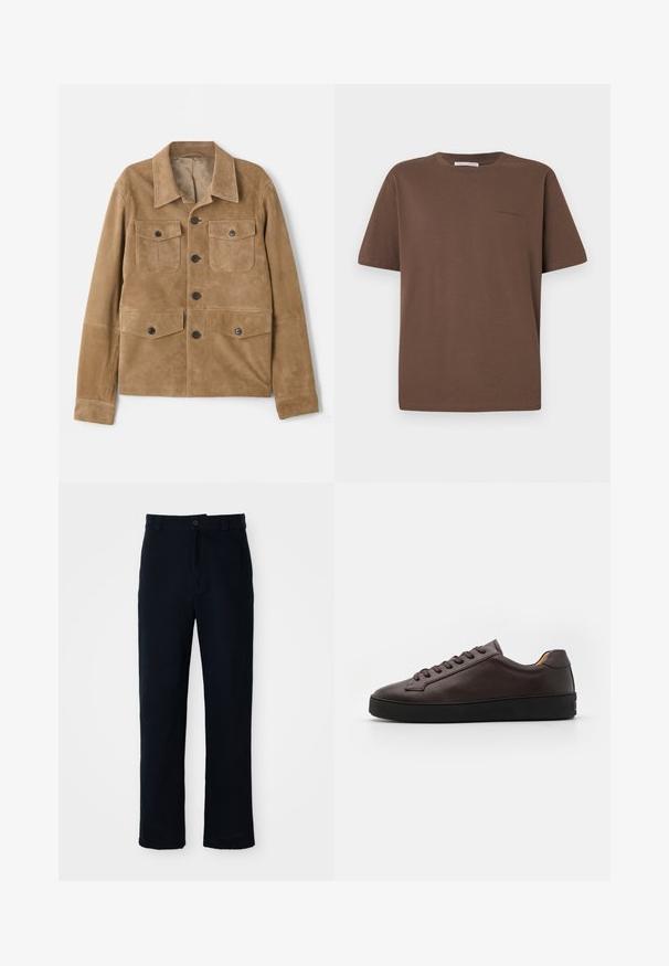 Kavos suede švarkas su klasikinėmis apykaklėmis, keturiais priekiniais kišeniais ir mygtukų uždarymu. Yra lygus paviršius ir pritaikyta forma.; Rudas medvilninis marškinėliai su apvaliu iškirpimu, trumpomis rankovėmis ir mažu logotipu spausdintu priekyje. Lygus audinio tekstūros, laisvo kirpimo.; Tamsiai mėlynos medvilninės kelnės, turinčios tiesioginį kirpimą, priekyje užsegamos mygtuku ir klasikine juosta su dirželio kilpom.; Rudi odiniai sneakersai su glotnia tekstūra, apvalaus nosies rašto ir juodu guminiu padu. Turėkite toninių raištelių ir minimalistiškus dizaino akcentus.