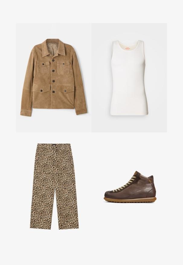 Bež zamšasta jakna s klasičnim ovratnikom, štirimi sprednjimi žepi in gumbom za zapiranje. Ima gladko teksturo in prilega se postavi.; Bela rebrasta majica brez rokavov z zaobljenim izrezom in širokimi naramnicami. Gladka tekstura in prilegajoča se zasnova.; YOURTURN UNISEX - Široke kavbojke - beige/black; Camper PELOTAS ARIEL - Gležnjarji z vezalkami - dunkelbraun