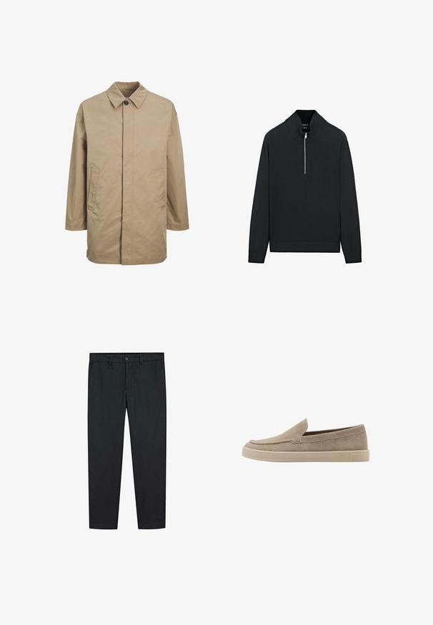 Beige waterproof coat with a pointed collar, front button closure, and two side pockets. Features a straight cut and smooth texture.; Black pullover sweater with a high collar, half-zip front, and ribbed cuffs and hem. Made from soft knit material with a smooth texture.; Black trousers with a straight leg design, made of smooth fabric. Features two front pockets and a button closure at the waist.; Beige suede slip-on shoes with a rounded toe, low-profile design, and a textured finish. Features a subtle stitch detailing along the upper.