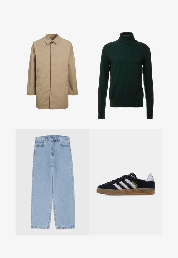 Beige waterproof coat with a pointed collar, front button closure, and two side pockets. Features a straight cut and smooth texture.; Dark green turtleneck sweater made from a smooth knit fabric. Features long sleeves and a close-fitting neck. Classic design, no patterns.; Light blue denim jeans with straight leg design, featuring a mid-rise waist, five pockets, and a button and zipper closure.; Black suede sneaker with white stripes, tan rubber sole, and gold "Gazelle" logo. Classic low-top design, featuring a textured upper.