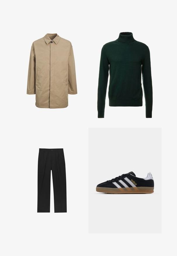Beżowy wodoodporny płaszcz z wydłużonym kołnierzem, z przodu zapięcie na guziki i dwie boczne kieszenie. Posiada prosty krój i gładką teksturę.; Ciemnozielony sweter z golfem wykonany z gładkiego dzianinowego materiału. Posiada długie rękawy i dopasowany kołnierz. Klasyczny krój, bez wzorów.; Czarne spodnie o prostym kroju, wykonane z gładkiego materiału. Posiadają zakładki z przodu i pojedyncze zapięcie na guziki w pasie.; Czarne zamszowe trampki z białymi paskami, brązową gumową podeszwą i złotym logo "Gazelle". Klasyczny niski model z teksturowaną cholewką.
