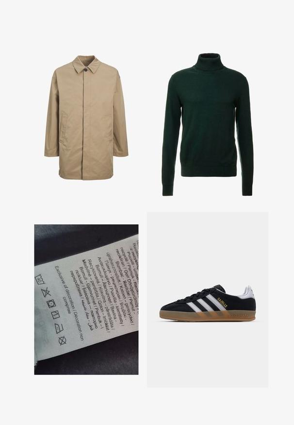 Beige waterproof coat with a pointed collar, front button closure, and two side pockets. Features a straight cut and smooth texture.; Dark green turtleneck sweater made from a smooth knit fabric. Features long sleeves and a close-fitting neck. Classic design, no patterns.; Label tag with multi-language text, care symbols, and recycling icons, printed on a soft fabric-like material in light color.; Black suede sneaker with white stripes, tan rubber sole, and gold "Gazelle" logo. Classic low-top design, featuring a textured upper.