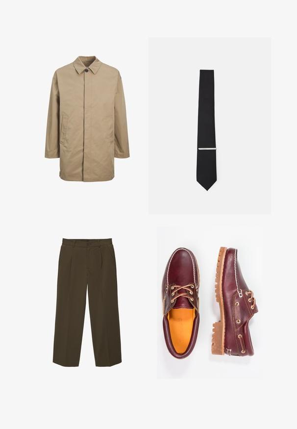 Beige vízhatlan kabát, hegyes gallérral, elülső patentos záródással és két oldalsó zsebből áll. Egyenes szabású és sima textúrájú.; Fehér, hosszú ujjú ing, sima pamut anyagból készült, klasszikus gallérral és finom fényű felülettel. Öt gomb a elülső részen.; Barna, laza szabású nadrág puha anyagból, sima elülső rész, oldalsó zsebek és gombos derékzárás. Egyszerű dizájn minta nélkül.; Bordó bőr cipő barna gumitalppal, kerek orral, fehér varrással és arany fűzőlyukakkal. A belső tér sárga béléssel rendelkezik.; Simára készült fekete nyakkendő, keskeny szélességgel, ezüst nyakkendőcsipesz díszíti.
