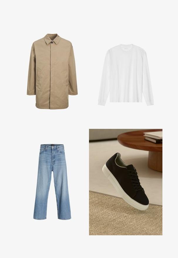 Beige waterdichte jas met een puntig kraag, sluiting met knopen aan de voorkant en twee zijzakken. Kenmerkt zich door een rechte snit en een soepele textuur.; Wit katoenen t-shirt met lange mouwen, ronde hals en geribbelde manchetten. Eenvoudig, onopgesmukt ontwerp met een gladde textuur en een standaard pasvorm.; Lichtblauwe wijdvallende jeans van denim, met een hoge taille, klassieke vijf-pocketontwerp en knoopsluiting met ritssluiting.; Zwarte sneaker met witte zool die boven een beige gestructureerd tapijt zweeft, nabij een ronde houten tafel met gestapelde boeken.