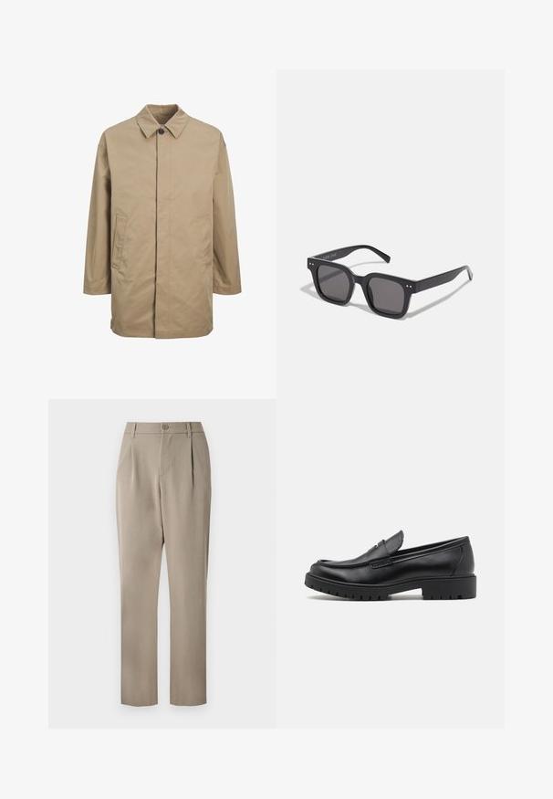 Beige vandtæt frakke med spidse krave, frontlukning med knapper og to sidelommer. Har en lige pasform og glat tekstur.; Hvid kortærmet t-shirt lavet af blødt stof. Rund halsudskæring, afslappet pasform og enkelt design uden udsmykninger eller mønstre.; Khaki bukser med lige ben, der har en knaplukning og plisseret foran. Fremstillet af glat stof med mat finish.; Sorte læder loafers med rund tå, slip-on design og tyk gummisål med tekstureret greb. Forhøjet hæl og subtile syninger.; Sorte rektangulære solbriller med mørke linser, der har en tyk ramme, subtile detaljer på siderne og uden synlige logoer udover mærkenavnet.