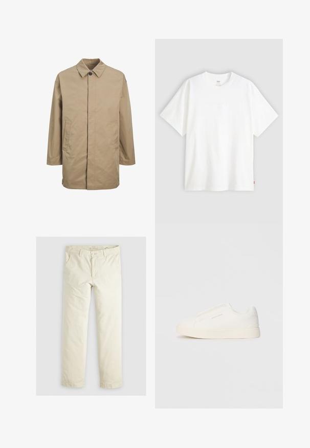 Palton impermeabil bej cu guler ascuțit, închidere cu butoni pe față și două buzunare laterale. Are un croi drept și o textură netedă.; Tricou alb cu mânecă scurtă, confecționat din bumbac, cu gât rotund. Prezintă un detaliu logo subtil embosat pe față și un etichetă roșie la tiv.; Pantaloni lejeri de culoare bej deschis, cu trei buzunare, bretele și un design cu picior drept. Realizați dintr-un material moale din amestec de bumbac.; Tenisi albi slip-on cu o suprafață texturată, talpă groasă și un design minimalist. Prezintă logo-ul brandului pe lateral.