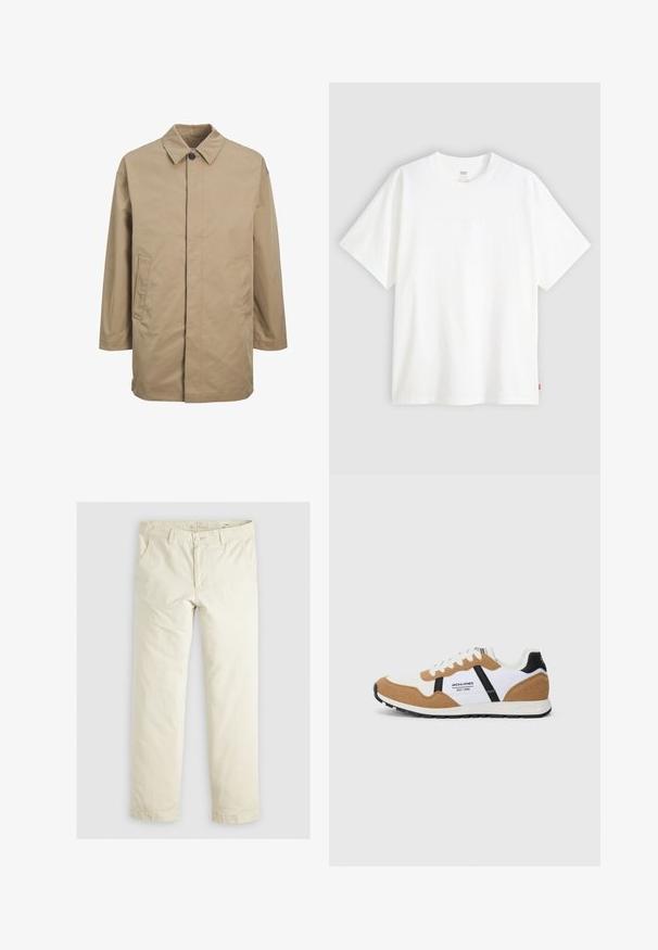 Bežikani vodootporni kaput s oštrom kragnom, prednjim kopčanjem na gumbe i dva bočna džepa. Ima ravni kroj i glatku teksturu.; Bijela kratka majica od pamuka s okruglim izrezom. Sadrži suptilni reljefni logo detalj sprijeda i crvenu oznaku na rubu.; Svijetlosmeđi hlače širokog kroja s tri džepa, petljama za remen i ravnim nogavicama. Izrađene su od mekog pamuka i elastana.; Retro tenisice s bijelim, svijetlosmeđim suedeom, crnim detaljima, bijelim vezicama i logom "Jack & Jones EST. 1990" sa strane.