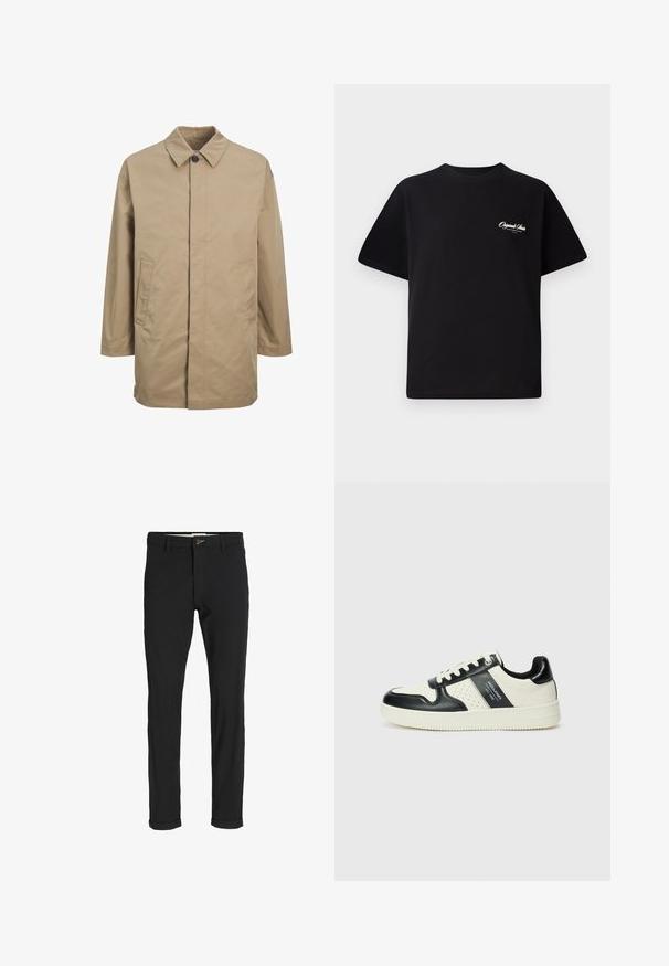 Beige wasserdichter Mantel mit spitzem Kragen, vorderer Knopfverschluss und zwei seitlichen Taschen. Mit geradem Schnitt und glatter Textur.; Schwarzes Baumwoll-T-Shirt mit Rundhalsausschnitt, kurzen Ärmeln und kleinem weißen Logotext auf der linken Brust. Schlichtes Design, klassischer Schnitt.; Schwarze Baumwollmischungshose mit schmalem Schnitt, gekennzeichnet durch einen Knopfverschluss, Taschen und umgeschlagenen Säumen für einen lässigen Abschluss.; Leder-Sneaker in Schwarz- und Cremetönen, mit perforierten Akzenten, einem gepolsterten Kragen und einer strukturierten Laufsohle.