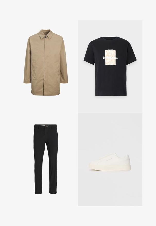 Bežna vodoodporna bunda s koničastim ovratnikom, sprednjim gumbom in dvema stranskima žepoma. Ima ravno krojenje in gladko teksturo.; Črna bombažna majica s krožnim izrezom. Ima bež pravokoten grafični vzorec in belo besedilo "JAWO," sredi spredaj. Kratke rokave.; Črne bombažne hlače iz mešanice tkanin, ožjega kroja, z gumbom za zapiranje, žepi in zavihanimi robovi za sproščen videz.; Bele zapete brez vezalk z teksturirano površino, debelim podplatom in minimalističnim dizajnom. Na strani se nahaja logotip blagovne znamke.
