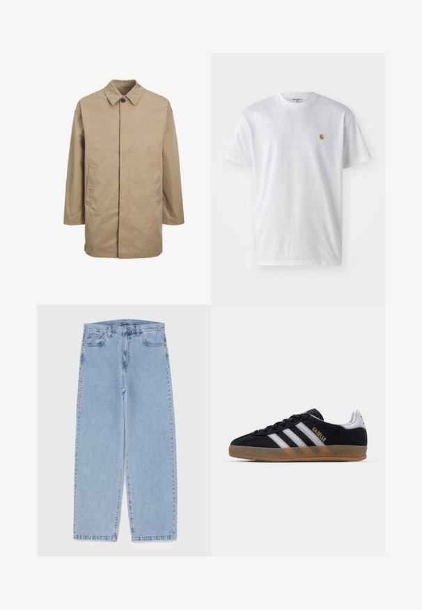 Beige vanntett frakk med spiss krage, frontknapplukking og to sidelommer. Har rett passform og glatt tekstur.; Hvit bomull t-skjorte med korte ermer, rund hals, med en liten gulllogo på venstre brystområde. Myk tekstur og vanlig passform.; Lyseblå denimjeans med rett ben-design, med mid-rise liv, fem lommer og knap og lynlås lukning.; Svart semsket sneakers med hvite striper, tan gummisåle og gull "Gazelle"-logo. Klassisk lavt design med en teksturert overflate.
