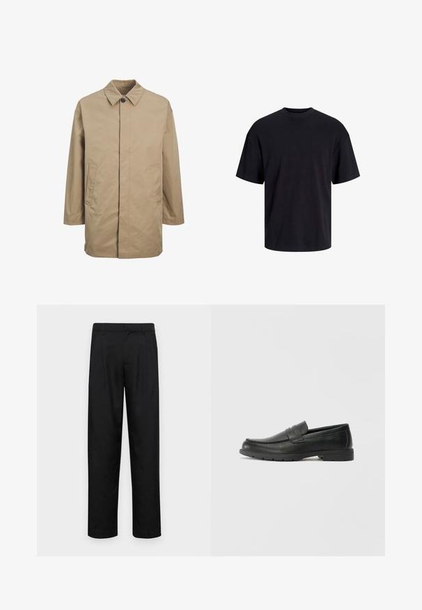 Bežinė vandeniui atspari striukė su smailiu apykakliu, priekyje užsegama mygtukais ir dviem šoninėmis kišenėmis. Yra tiesus kirpimas ir lygus paviršius.; Juodas medvilninis marškinėlis su apvaliu iškirpimu, trumpomis rankovėmis ir laisvu siluetu. Glotni tekstūra, be matomų raštų ar akcentų.; Juodi kelnių modeliai, pagaminti iš lygios medžiagos, turi tiesią kojas, du priekiniai klostės ir standartinę juosmenį su diržo kilpomis.; Juodai odiniai loaferiai su sklandžiu paviršiumi, mokasino stiliaus viršus, siuvinėjimu ir guminėmis padangomis. Klasikinis dizainas su žemu kulnu.