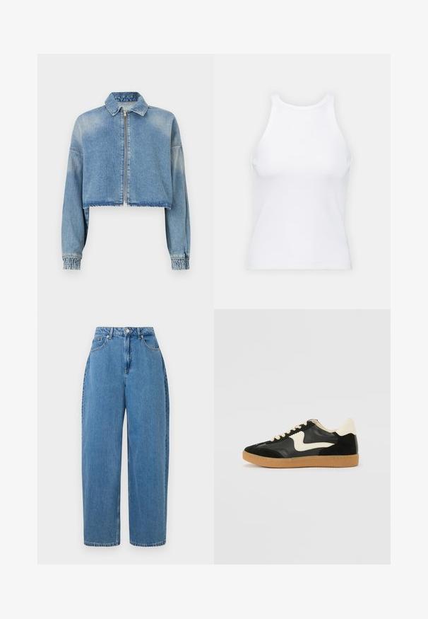 Kratka denim jakna v svetlo modri barvi, z zadrgo spredaj, ovratnikom in elastičnimi manšetami. Ima rahlo zbleden izgled za sproščen videz.; Bela brezrokavna majica iz rebraste tkanine, z zaobljenim izrezom in prilegajočim silhueto, z minimalnimi šivi in brez okraskov.; Svijetloplave traperice ravnog kroja, visokog struka i prednjim kopčanjem. Sadrže pet džepova i minimalne šavove.; Črne semiš in usnjene superge s kremasto stransko puščico in svetlo kremasto peto. Imajo bež čipke in gumijast podplat.