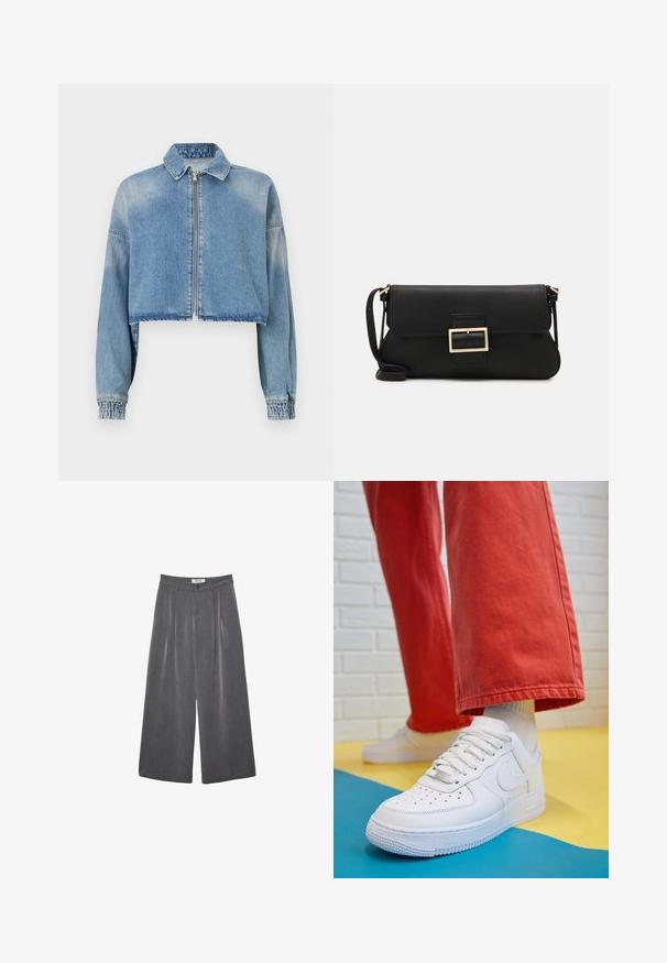 Lyhyt denim-takki vaaleansinisessä sävyssä, jossa on vetoketjukiinnitys, kaulus ja joustavat hihansuut. Takissa on hieman haalistu väri, mikä luo rentoa ilmettä.; Valkoinen hihaton toppi, joka on valmistettu ribbikankaasta, ja jossa on pyöreä pääntie ja tiukka siluetti, minimaalisin saumoin ja ilman koristeita.; Pleated leveleijoushousut tummanharmaasta kankaasta, jossa on hieno rakenne. Ominaisuuksina napin suljenta ja klassinen vyötärönauhan muotoilu.; Valkoinen nahkakengät, joissa on rei'itetty varvasosa, teksturoitu pohja ja valkoiset nauhat, yhdistettynä leveisiin punaisiin housuihin ja sinikeltaiseen taustaan.; Musta nahkainen kynäpenkkilaukku, jossa on läppä ja kultainen metallinen solkiyksityiskohta. Mukana musta hihna ja tyylikäs, minimalistinen muotoilu.