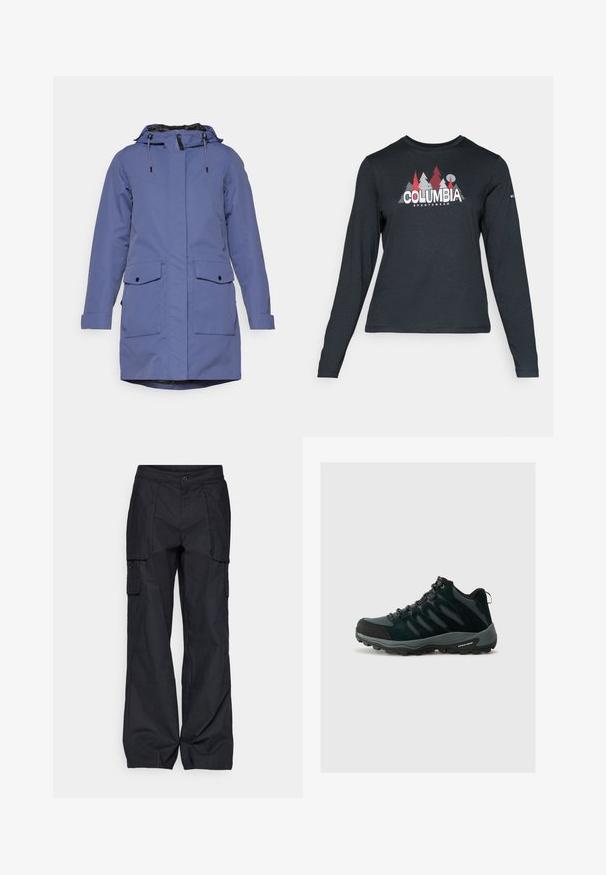 Lightweight blue parka jacket with a hood, two front pockets, and black lining. Features adjustable drawstrings and button accents.; Long-sleeve dark gray shirt with a graphic of red trees and mountains; "COLUMBIA" logo in bold white text. Soft fabric, standard crew neck.; Columbia BREA FALLS™ COTTON RIPSTOP PANT - Outdoor trousers - black; Columbia REDMOND - Hiking shoes - black/citron haze