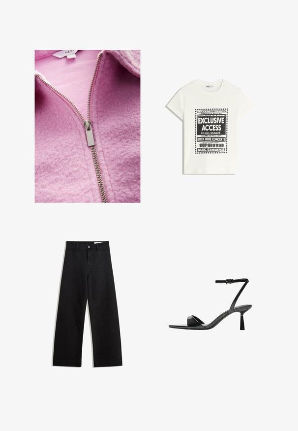 Puha rózsaszín fleece zipzáras dzseki texturált felülettel, ezüst színű zipzárral és a gallérnál látható belső béléssel.; Fehér póló fekete felirattal, amely egy zenei eseményt népszerűsít, benne az "Exkluzív Hozzáférés", "Rock Indie Koncertek" és "Szupersztár Zenei Élmény" szöveggel.; Fekete, bő szabású farmernadrág magas derékkal, elülső és hátsó zsebekkel, varrott felületekkel és gombos záródással. Sima textúra.; Bershka Magas sarkú szandálok - black