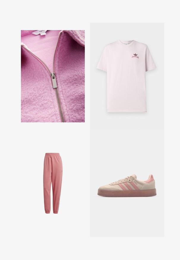 Fleece-Reißverschlussjacke in sanftem Rosa mit strukturiertem Finish, silberfarbener Reißverschlussöffnung und sichtbarem Innenfutter am Kragen.; Helles rotes Baumwoll-T-Shirt, Rundhalsausschnitt, kurze Ärmel, mit einem schwarzen Adidas-Logo und Text auf der linken Brustseite. Glatte Textur.; Rosa Jogginghose mit elastischem Bund, schmal zulaufenden Beinen und gerippten Bündchen. Verfügt über Logodetails am Bein und kontrastierende Streifen an den Seiten.; Beige Wildlederschuhe mit hellrosa Akzenten, strukturierter Gummisohle und drei rosa Streifen an der Seite. Runde Zehenform und Schnürdesign.