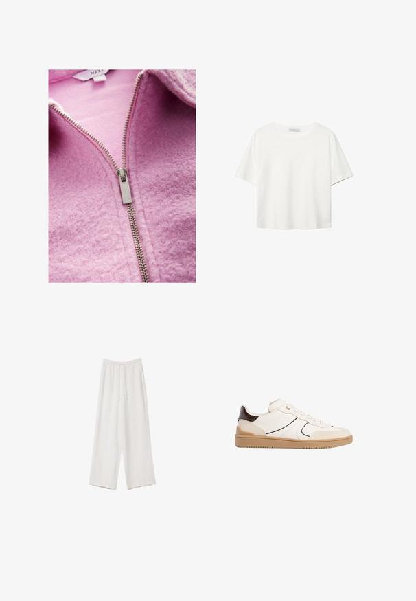 Pehmeä vaaleanpunainen fleece-zip-up-takki, jossa on teksturoitu pinta, hopeanvärinen vetoketjusulku ja näkyvä sisävuori kauluksessa.; Valkoinen lyhythihainen T-paita, joka on tehty puuvillasta. Siinä on pyöreä kaula-aukko ja rento malli. Silkkinen pinta ilman näkyviä kuvioita tai koristeita.; Valkoiset leveälahkeiset housut kevyestä kankaasta. Ominaisuuksiin kuuluu elastinen vyötärö, jossa on nauhakuuluma ja sivutaskut. Sileä rakenne.; Stradivarius Matalavartiset tennarit - white