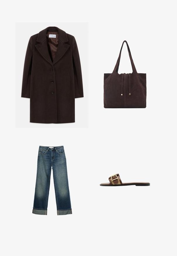Tamnosmeđi vuneni kaput do koljena s tri crna gumba, širokim reverom i glatkom satenskom podstavom označenim kao Marella.; Smeđi pleteni pulover s visokim ovratnikom, dugim rukavima i odgovarajućim pojasom. Mekana tekstura i opušteni kroj.; Široke plave traperice s izblijedjelim izgledom, dizajnom s pet džepova i preklopljenim završecima s kontrastnim šavovima. Glatka tekstura.; Smeđe kožne klizne sandale s širokim remenom koji ima zlatni detalj kopče i teksturirani uzorak, postavljene na ravni crni đon.; Mango Velika torba - dark brown