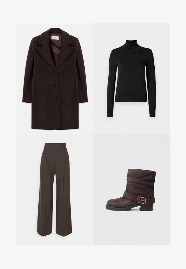 Tmavo hnedý vlněný kabát po kolená s třemi černými knoflíky, širokým klopovým límcem a hladkým saténovým podšívkou označený jako Marella.; Čierny dlhý rukáv rolák s rebrovanými manžetami a lemom, zobrazený na čistej bielej pozadí.; Tmavohnedé široké nohavice s vysokým pásom, ktoré majú úhľadne prežehlené záhyby, hladkú textúru a strih na mieru.; Hnedé semišové členkové topánky so voľným dizajnom, prackou a čiernym nízkym podpätkom, s hladkou textúrou a klasickým tvarom.