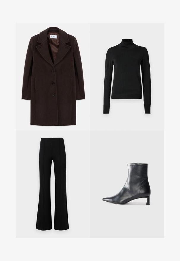 Tumši brūns vilnas mētelis līdz ceļiem ar trim melnām pogām, plašu apakšējo apkakli un gludu satīna oderi, marķēts ar Marella.; Melnas garām piedurknēm turtlenecks džemperis ar ribotām aprocēm un apakšmali, attēlots uz vienkārša balta fona.; Melnas platas bikses ar augsto jostasvietu, izgatavotas no elastīga auduma. Satur vertikālas šuvju detaļas priekšpusē un gludu tekstūru.; Melnas ādas potītes zābaki ar norādītu pirkstu un elegantu dizainu. Iezīmē zemu papēdi un rāvējslēdzēja aizdari aizmugurē. Gluda tekstūra.