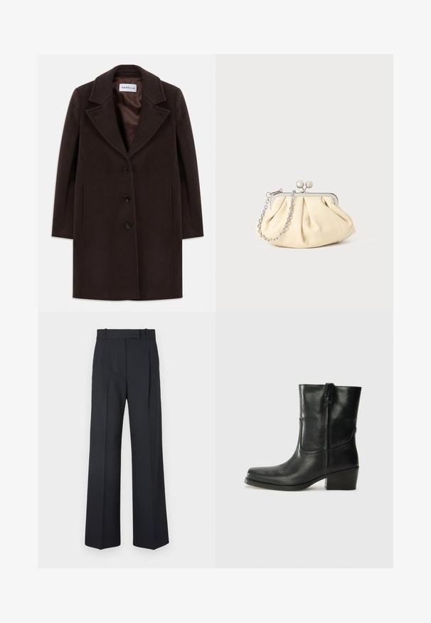 Dunkelbrauner Wollmantel in Knielänge mit drei schwarzen Knöpfen, weitem Reverskragen und glattem Satinfutter mit dem Etikett Marella.; Schwarzer Strickpullover mit langen Ärmeln, Rundhalsausschnitt und einem kleinen weißen Herz auf der Brust. Weiche Textur sowie gerippte Bündchen und Saum.; Dunkelblaue Nadelstreifenhosen mit hoher Taille, weit geschnittenem Bein und ohne sichtbare Beschläge oder Verzierungen. Glatte Textur und taillierte Passform.; Schwarze Leder-Ankle Boots mit runder Zehenform, Blockabsatz, seitlichem Reißverschluss und gestickten Akzenten auf dem Blatt. Glatte Textur, klassisches Design.; Faltige beigefarbene Ledertasche mit einem silbernen Metallrahmen, ausgestattet mit zwei runden dekorativen Verschlüssen und einem silbernen Kettenriemen.