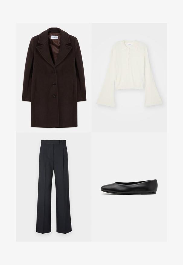 Mørkebrun uldkåbe i knæ længde med tre sorte knapper, bred krave og glat satinforing mærket Marella.; Ribbet, cremefarvet polo skjorte med lange, vidde ærmer og fem knapper. Har en krave med en blød tekstur.; Mørkeblå stribede bukser med høj talje, vidde bendesign og ingen synlig hardware eller dekorationer. Glat tekstur og skræddersyet pasform.; Paul Smith TOPANGA - Ballerinasko - black