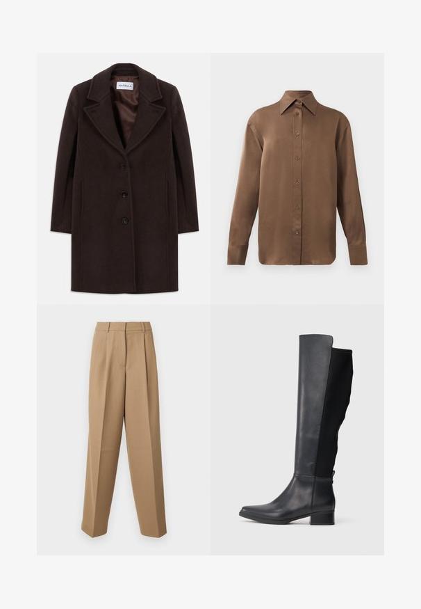 Cappotto in lana marrone scuro, lungo fino al ginocchio, con tre bottoni neri, colletto ampio e fodera in raso liscia, etichettato Marella.; Camicia marrone a maniche lunghe con bottone, colletto e polsini a punta, esposta su uno sfondo bianco uniforme.; Pantaloni beige su misura con vita alta, fronte plissettato e taglio a gamba larga. Il tessuto appare morbido con una leggera lucentezza.; Stivale alto in pelle nera e tessuto con tacco basso a blocco e punta arrotondata, mostrato in profilo laterale su sfondo bianco.