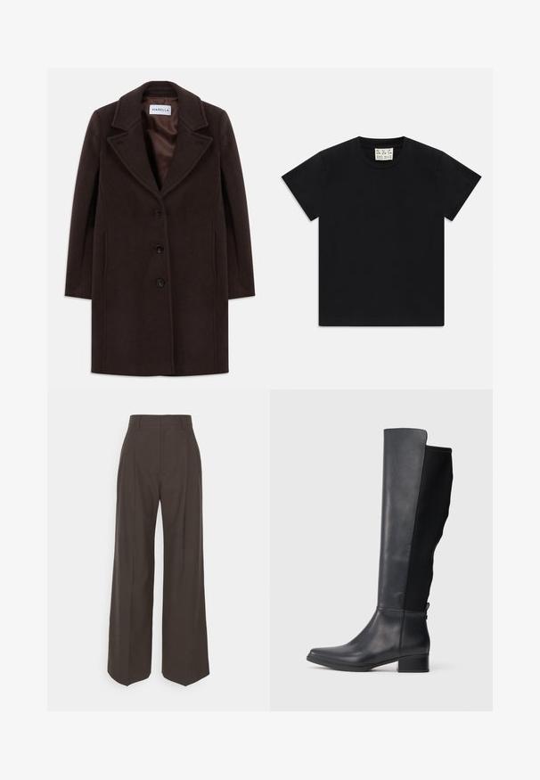 Tamsiai rudas vilnonių medžiagų iki kelių ilgio paltas su trimis juodomis sagomis, plačiu apykaklės kraštu ir lygiu satino pamušalu, pažymėtas Marella.; Juodas trumpomis rankovėmis marškinėliai su apvaliu kaklu, vidinėje apykaklės pusėje yra balta etiketė su užrašu "D.R.C. EST. 2002" ant balto fono.; Tamsiai rudos platėjančios kelnės su aukštu liemeniu, pasižyminčios tvarkingai prispaustomis raukšlėmis, lygia tekstūra ir pritaikytu siluetu.; Aukštos juodos odinės ir audinio aulinės su žemu bloku kulnu ir apvalia nosimi, parodytos šoniniame profilyje baltame fone.