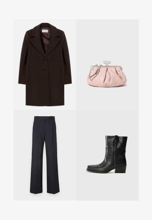 Manteau en laine brun foncé, longueur genou, avec trois boutons noirs, large col à revers et doublure satinée lisse, étiqueté Marella.; Haut à manches longues noir en col roulé, fabriqué en tissu lisse, présentant un col volanté et une silhouette ajustée avec des bords simples.; Pantalons rayés bleu foncé à taille haute, avec une coupe large et sans matériel ni embellissements visibles. Texture lisse et ajustement ajusté.; Bottine en cuir noir avec un bout rond, un talon carré, une fermeture éclair sur le côté et des coutures décoratives sur l'empeigne. Texture lisse, design classique.; Pochette en cuir rose avec un design plissé, cadre en métal, deux fermoirs ronds et une anse en chaîne argentée. Texture lisse, forme compacte.