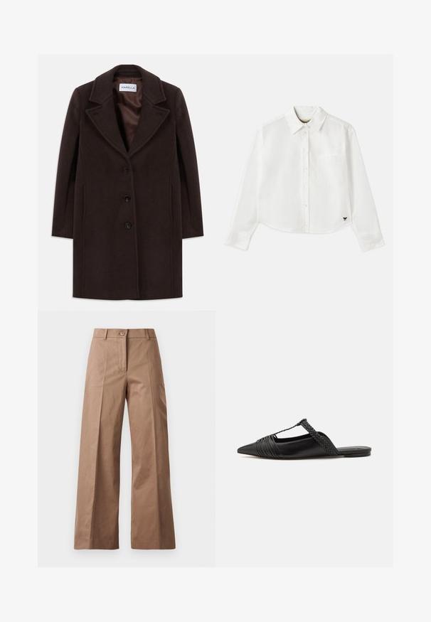 Tmavo hnedý vlněný kabát po kolená s třemi černými knoflíky, širokým klopovým límcem a hladkým saténovým podšívkou označený jako Marella.; Biely skrátený dlhý rukáv košeľa vyrobená z bavlny. Má gombíkový predný zapínanie, vrecko na hrudi a malé čierne logo na spodnej ľavej strane.; Hnedé nohavice s širokými nohavicami vyrobené z hladkej látky, s predným zapínaním na gombík, dvoma prednými vreckami a čistými, precízne vykrojenými líniami.; Čierne kožené sandále so špičatou špičkou, ktoré majú tkaný detail a zborený dizajn vrchnej časti. Plochá podrážka s minimálnym hardvérom.