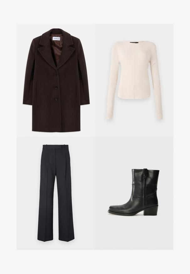 Mørkebrun uldkåbe i knæ længde med tre sorte knapper, bred krave og glat satinforing mærket Marella.; Langærmet, lys beige top med rund halsudskæring. Lavet af blødt stof, har en central søm og let buet kant. Der er ingen synlige metaldele.; Mørkeblå stribede bukser med høj talje, vidde bendesign og ingen synlig hardware eller dekorationer. Glat tekstur og skræddersyet pasform.; Sort læder ankelstøvle med rundt tå, blokhæl, lynlås i siden og stikninger på vampsiden. Glat tekstur, klassisk design.