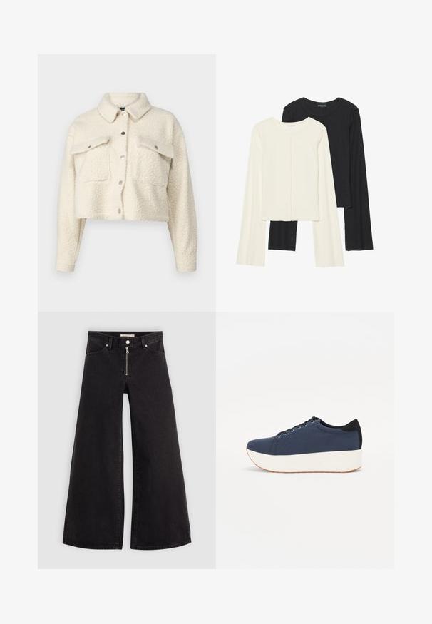 Krēmskrāsas vilnas jaka ar īsu dizainu, pogu aizdari, divām priekšējām kabatām un klasisku apkakli. Mīksta, teksturēta auduma.; Divu garo piedurkņu tops komplekts baltā un melnā krāsā. Ribota tekstūra, apaļš kakls, pieguļoša dizaina ar nedaudz izplestām piedurknēm.; Platas kājas džinsi melnā džinsa audumā ar rāvējslēdzēju priekšā, piecu kabatu dizains un smalkas šuvju detaļas. Gluda tekstūra un ikdienišķs stils.; Navy zilo apavi ar strukturētu auduma augšdaļu, baltu platformas zoli, noapaļotu pirkstu daļu un melnu papēža akcentu. Iekļautas sešas acs caurumi šnuķēšanai.