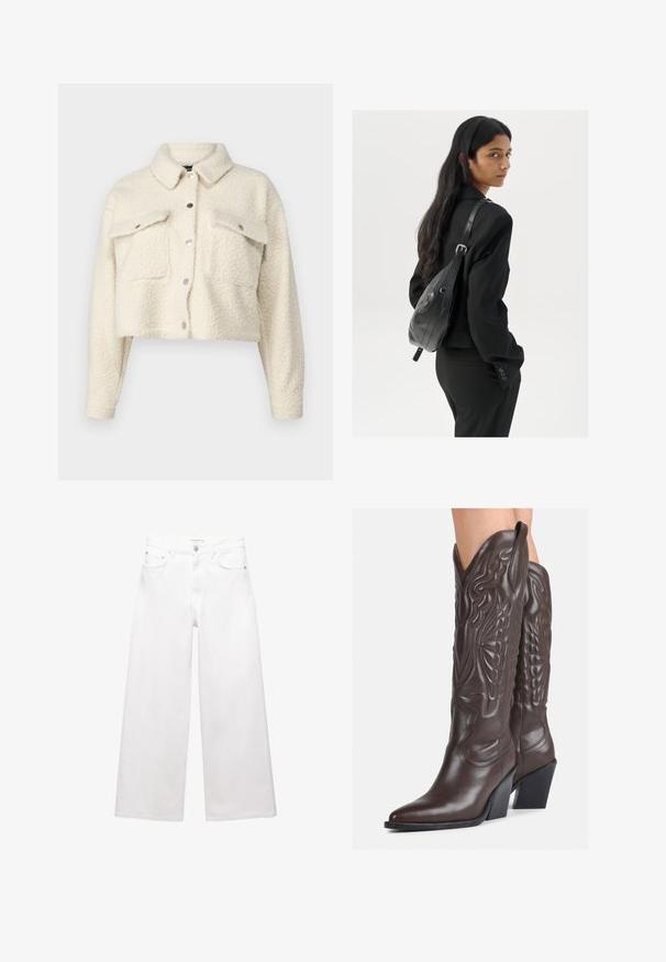 Krémová fleecová bunda se zkráceným střihem, zapínáním na knoflíky, dvěma předními kapsami a klasickým límečkem. Měkká, strukturovaná tkanina.; Černý top s dlouhými rukávy vyrobený z texturované krajky, s vykrojeným výstřihem a přiléhavým střihem v krátké siluetě.; Bílé široké džíny vyrobené z bavlny, s vysokým pasem, pěti kapsami a akcenty z mosazného hardwaru. Hladká, nedotčená textura.; Hnědé kožené kovbojské boty s špičatou špičkou a blokovým podpatkem, se zdobným prošíváním a vyvýšenými akcenty na nárazu.; Žena s dlouhými tmavými vlasy, oblečená v černém obleku, nese černou koženou kabelku přes rameno a dívá se přes rameno na bílém pozadí.