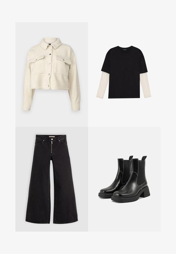 Kremfarget fleecejakke med kort design, knappeåpning, to frontlommer og klassisk krage. Mykt, strukturert stoff.; Svart T-skjorte laget av bomull, med korte ermer over et hvitt langermet lag med en subtil teksturert mønster. Rund hals design.; Vide benbukser i sort denim med glidelås i front, fem-lomme design og subtile sømdetaljer. Glatt tekstur og avslappet stil.; Sorte lær Chelsea støvler med en kraftig hæl, elastiske sidepaneler og kontrasterende hvid syning. Teksturert overflate.