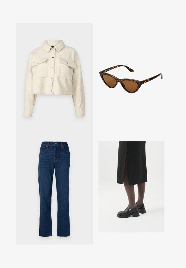 Jachetă din fleece de culoare crem, cu un design scurt, închidere cu nasturi, două buzunare frontale și un guler clasic. Material moale, texturat.; Top alb fără mâneci, confecționat din material ribbed, prezentând un decolteu rotund și o siluetă ajustată, cu cusături minime și fără ornamente.; Blugi din denim de culoare albastră închisă, cu croială drept, design cu cinci buzunare, cusături portocalii și închidere cu nasture la talie.; Pantofi din piele neagră cu vârful rotund, toc bloc gros și accente elastice pe lateral, asortați cu colanți închiși la culoare și o fustă neagră cu o fanta.; Ochelari de soare în stil cat-eye, cu o ramă din material cu tortoiseshell negru și portocalie, lentile maro și vârfuri elegante, ascuțite. Prezintă un logo minimal pe brățara ochelarilor.