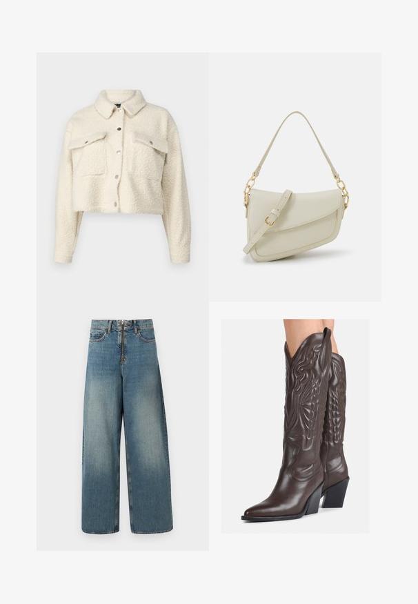 Giacca in pile color crema con un design corto, chiusura con bottoni, due tasche frontali e colletto classico. Tessuto morbido e texture.; Top senza maniche bianco realizzato in tessuto a coste, caratterizzato da un collo arrotondato e una silhouette aderente, con cuciture minime e senza decorazioni.; Jeans in denim a gamba larga in un lavaggio blu chiaro. Presentano una chiusura con zip e bottone, e un leggero sbiadimento per un effetto usurato.; Stivali da cowboy in pelle marrone con punta affusolata e tacco a blocco, caratterizzati da dettagliati ricami e accenti rialzati sul gambale.; Piccola borsa a tracolla crema con finitura testurizzata, una lunga tracolla regolabile, un accento a catena e chiusura a patta. Dettagli in hardware dorato.; Orecchini a cerchio in argento con un design torciglionato, caratterizzati da una finitura lucida e chiusura a perno. Misurano circa 3 cm di diametro.