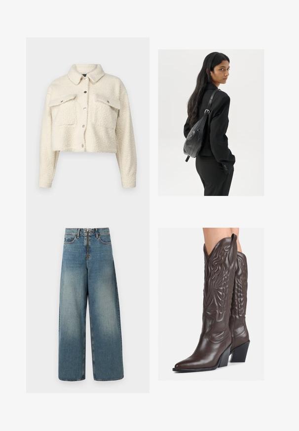 Krémová fleecová bunda se zkráceným střihem, zapínáním na knoflíky, dvěma předními kapsami a klasickým límečkem. Měkká, strukturovaná tkanina.; Bílý bezrukávový top vyrobený z ribbed látky, s kulatým výstřihem a přiléhavým střihem, s minimem švů a bez ozdob.; Džínové kalhoty s širokými nohavicemi ve světlé modré barvě. Mají zip a zapínání na knoflík, a jemné blednutí pro opotřebovaný vzhled.; Hnědé kožené kovbojské boty s špičatou špičkou a blokovým podpatkem, se zdobným prošíváním a vyvýšenými akcenty na nárazu.; Žena s dlouhými tmavými vlasy, oblečená v černém obleku, nese černou koženou kabelku přes rameno a dívá se přes rameno na bílém pozadí.