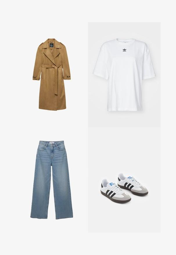Długi, kamelowy płaszcz trench z zamszu z paskiem w talii, kołnierzem z wcięciem i guzikami przy mankietach. Posiada kieszenie boczne i pagony na ramionach.; Biała, krótko rękawowa koszulka z bawełny. Posiada okrągły dekolt oraz małe, czarne logo Adidas na klatce piersiowej. Proste zakończenie.; Jasnoniebieskie jeansy typu wide-leg wykonane z denimu. Posiadają wysoką talię, pięć kieszeni oraz prosty krój z minimalnym wyblaknięciem.; Buty sportowe z białą skórzaną cholewką, szarym zamszowym noskiem i trzema czarnymi paskami. Posiadają niebieskie logo na języku oraz teksturowaną gumową podeszwę.