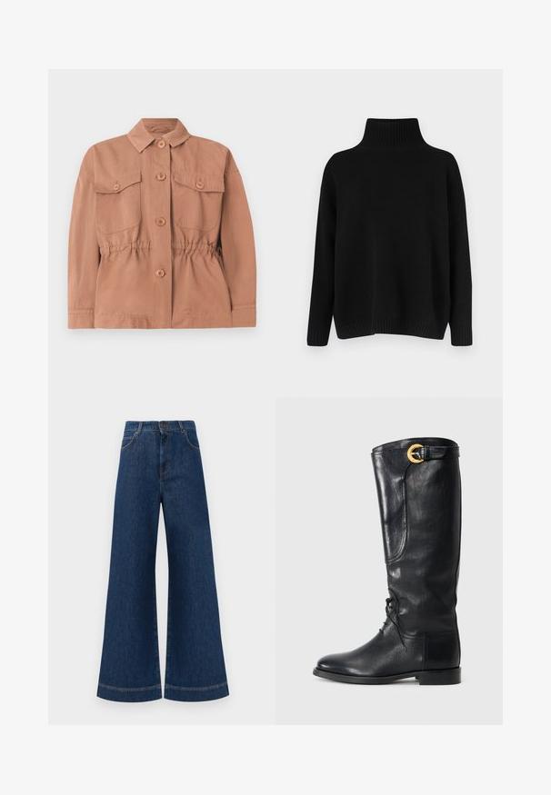 Weekend Max Mara EGER - Poletna jakna - desert; Črni pleteni pulover z visokim rebrastim ovratnikom, spuščenimi rameni in sproščenim krojem. Ima rebraste manšete in spodnji rob za dodatno teksturo.; Svetlo modri jeans širokih nogavic z visokim pasom, ki imajo zaponko, težke zanke za pas in subtilne šive ob žepih in robovih.; Ženske črne usnjene škornje do kolen, s zaobljenim nosom, spredaj vezane, z bočno dekoracijo in z zlatim okrasnim sponko na vrhu. Gladka površina.