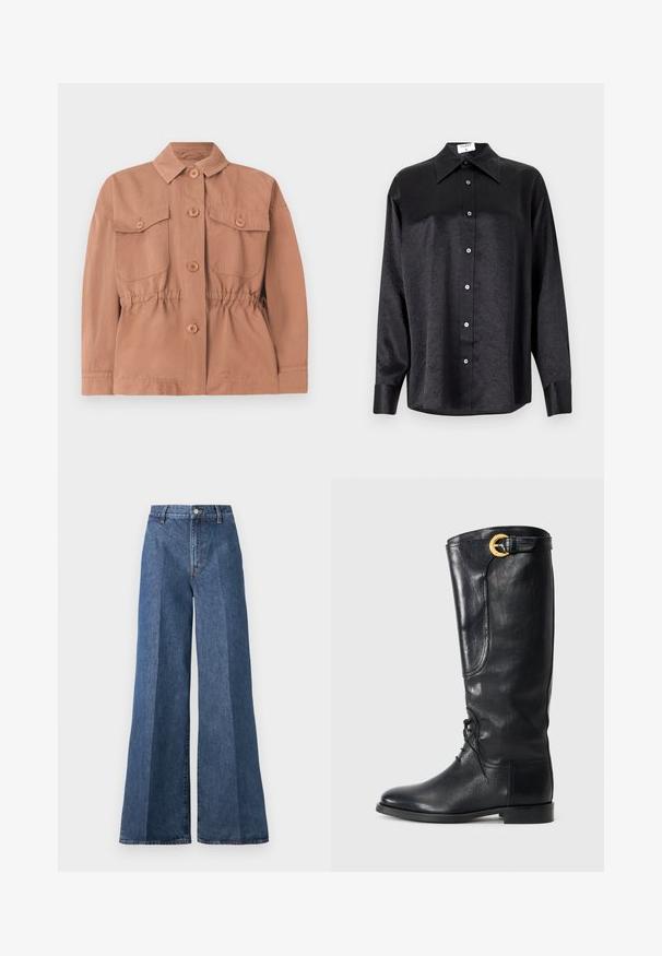 Weekend Max Mara EGER - Summer jacket - desert; Black long-sleeve shirt with a collared neckline, featuring a crinkled texture, full button front, and cuffs. Made from a smooth fabric.; Wide-leg blue denim jeans with a high waist, featuring classic five-pocket styling and a button closure, made from textured cotton fabric.; Black leather knee-high boot with a rounded toe, lace-up front, side detail, and a gold accent buckle at the top. Smooth texture.