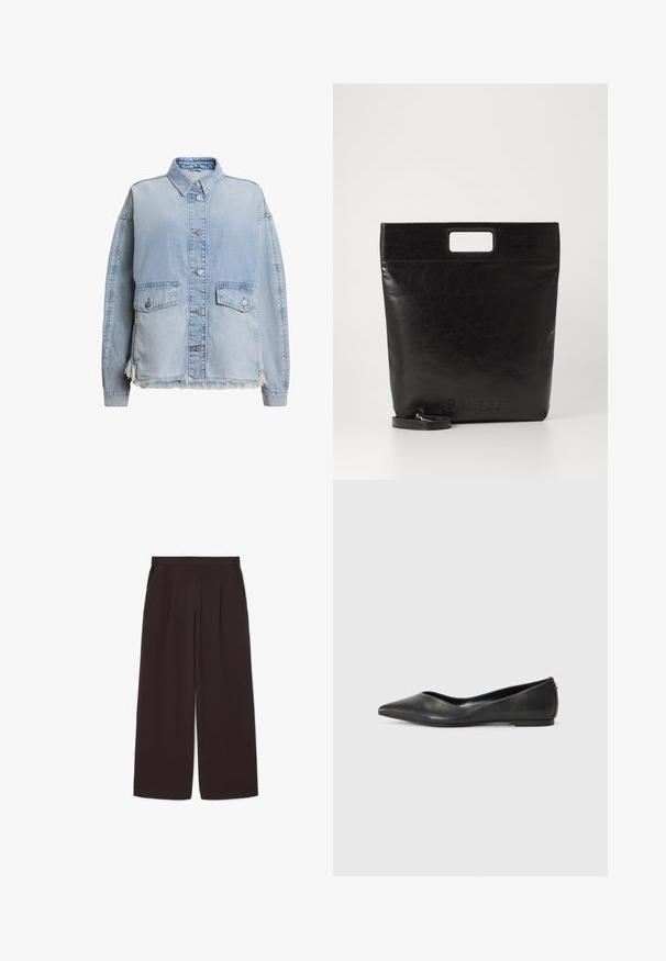 Šviesiai mėlynas džinsinis švarkas su mygtukais priekyje, dviem priekinių kišenių ir su paskutine suplyšusia briauna. Laisvas kirpimas su apykakle.; Balta ilgomis rankovėmis marškiniai su apykakle, pagaminti iš medvilnės. Su mygtukų užsegimu priekyje ir viena krūtinės kišenė. Lygus paviršius, laisvas siluetas.; Tamsiai rudos, plačios kojos kelnės pagamintos iš lengvos medžiagos, pasižyminčios aukštu liemeniu, raukšlėmis ir dviem šoninėmis kišenėmis, su elastinga juosmens juosta.; Juodas odinis baleto batelis su smailiu носu, žemu kulnu ir lygiu paviršiumi. Minimalistinis dizainas su subtiliu šoniniu akcentu.; Juoda odinė rankinė su kvadratiniu rankenu, su tekstūruotu paviršiumi ir įspaustu logotipu. Įeina nusiimama diržas.