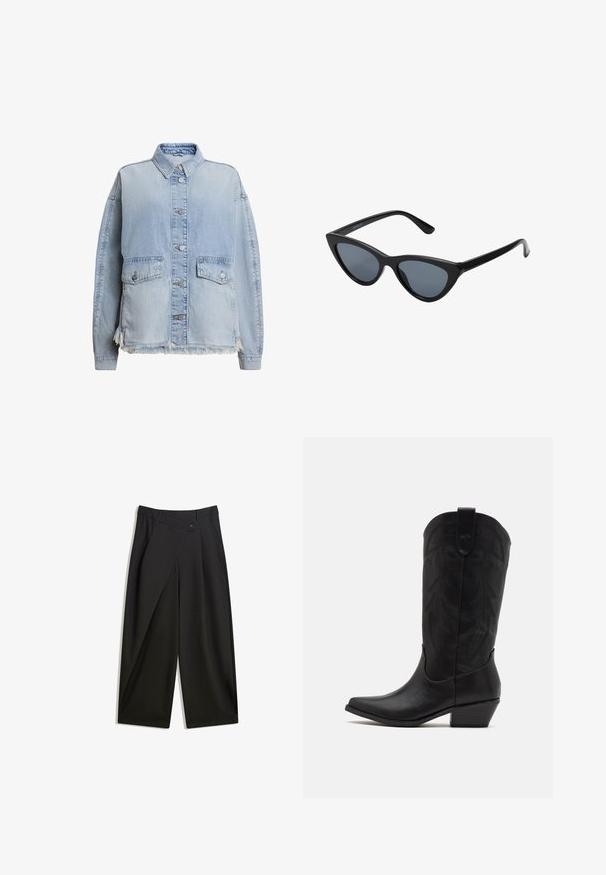Svijetloplava traper jakna s dugim rukavima, dugmetima sprijeda, dva prednja džepa i rastrganim rubom na dnu. Opustiti fit s kragnom.; Dva bezrukavna rebrasta topa s rolkragnom u smeđoj i crnoj boji, prikazana na jednostavnoj bijeloj pozadini.; Crne široke hlače od glatkog materijala. Imaju prednji plis, zatvaranje na dugme i krojeni pojas za uski fit.; Crne kožne kaubojke s šiljastim prstom, niskim ravnim potplatom i složenim reljefnim uzorkom listova na osovini. Uže na vrhu za lakše obuvanje.; Crne mačke naočale sa tamnosivim lećama, elegantan plastični okvir, šiljati uglovi i ravne drške. Bez vidljivih metalnih dijelova ili detalja.; Bordo kožna torba s zakrivljenim oblikom, zlatni akcenti na hardveru i zatvorena na patentni zatvarač. Ima odvojivi rameni pojas.